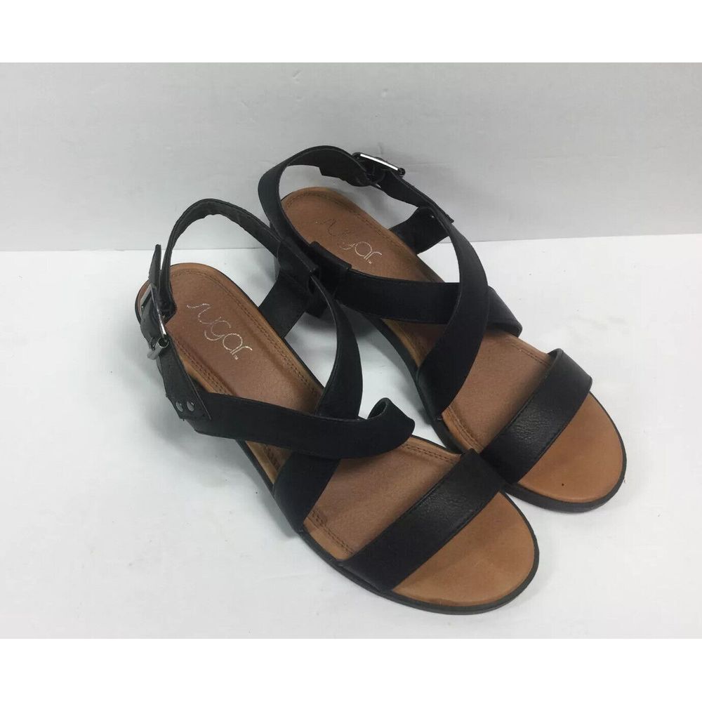 Sugar Vegan Black Leather Sandals Womens Size 9.5 M Block Heel Casual Shoes
